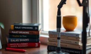 Microphone and books on public speaking for improving communication skills