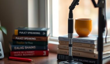 Microphone and books on public speaking for improving communication skills
