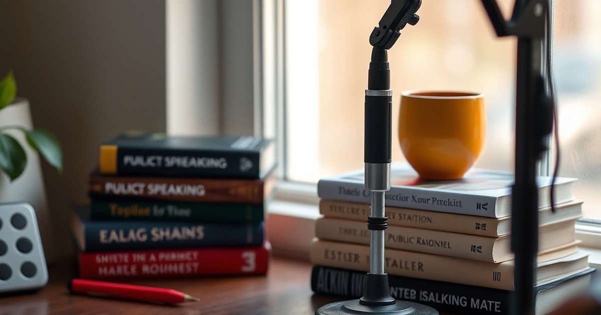 Microphone and books on public speaking for improving communication skills