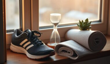 Scene illustrating how to build self-discipline with running shoes, timer, and meditation cushion