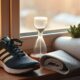 Scene illustrating how to build self-discipline with running shoes, timer, and meditation cushion