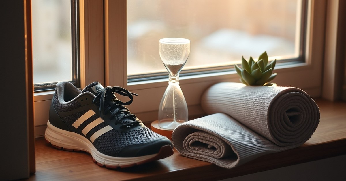 Scene illustrating how to build self-discipline with running shoes, timer, and meditation cushion