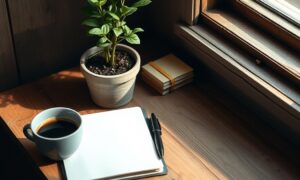 Small desk with notebook and plant for improving customer retention strategies