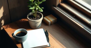 Small desk with notebook and plant for improving customer retention strategies
