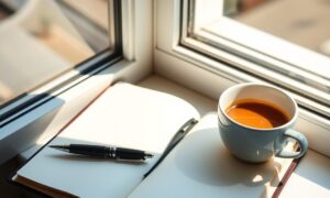 Journal and coffee for overcoming negative self talk