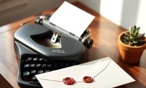 Classic typewriter and sealed envelope representing how to write a guest post for Mindshelves