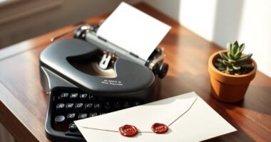 Classic typewriter and sealed envelope representing how to write a guest post for Mindshelves