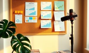 Loft studio with analytics charts and microphone showing digital marketing tools for bloggers