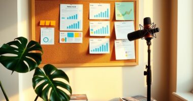 Loft studio with analytics charts and microphone showing digital marketing tools for bloggers