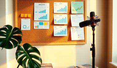 Loft studio with analytics charts and microphone showing digital marketing tools for bloggers