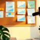 Loft studio with analytics charts and microphone showing digital marketing tools for bloggers