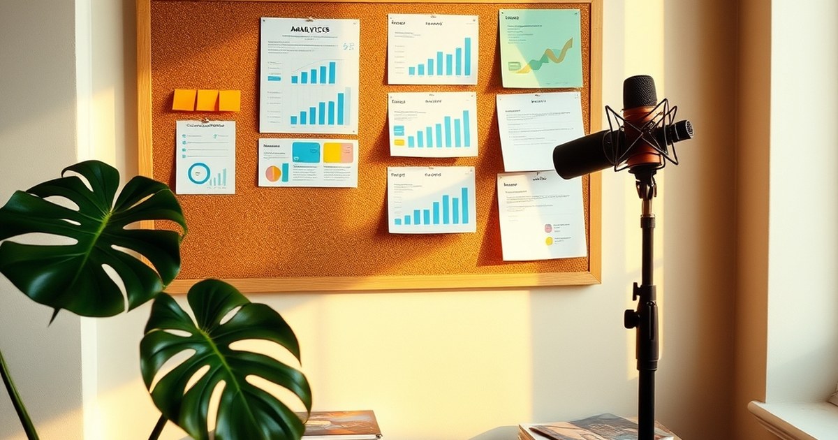 Loft studio with analytics charts and microphone showing digital marketing tools for bloggers