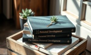Stack of personal growth books for entrepreneurs on a rustic crate