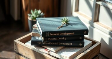 Stack of personal growth books for entrepreneurs on a rustic crate