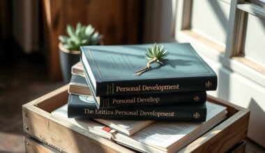 Stack of personal growth books for entrepreneurs on a rustic crate
