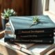 Stack of personal growth books for entrepreneurs on a rustic crate