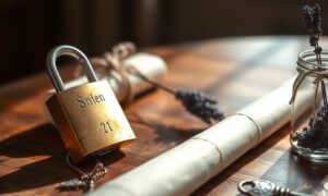 Brass padlock, rolled parchment, and key on a walnut table representing best practices for blog privacy policies