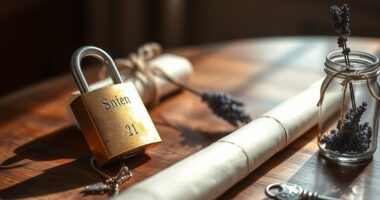 Brass padlock, rolled parchment, and key on a walnut table representing best practices for blog privacy policies