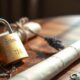 Brass padlock, rolled parchment, and key on a walnut table representing best practices for blog privacy policies