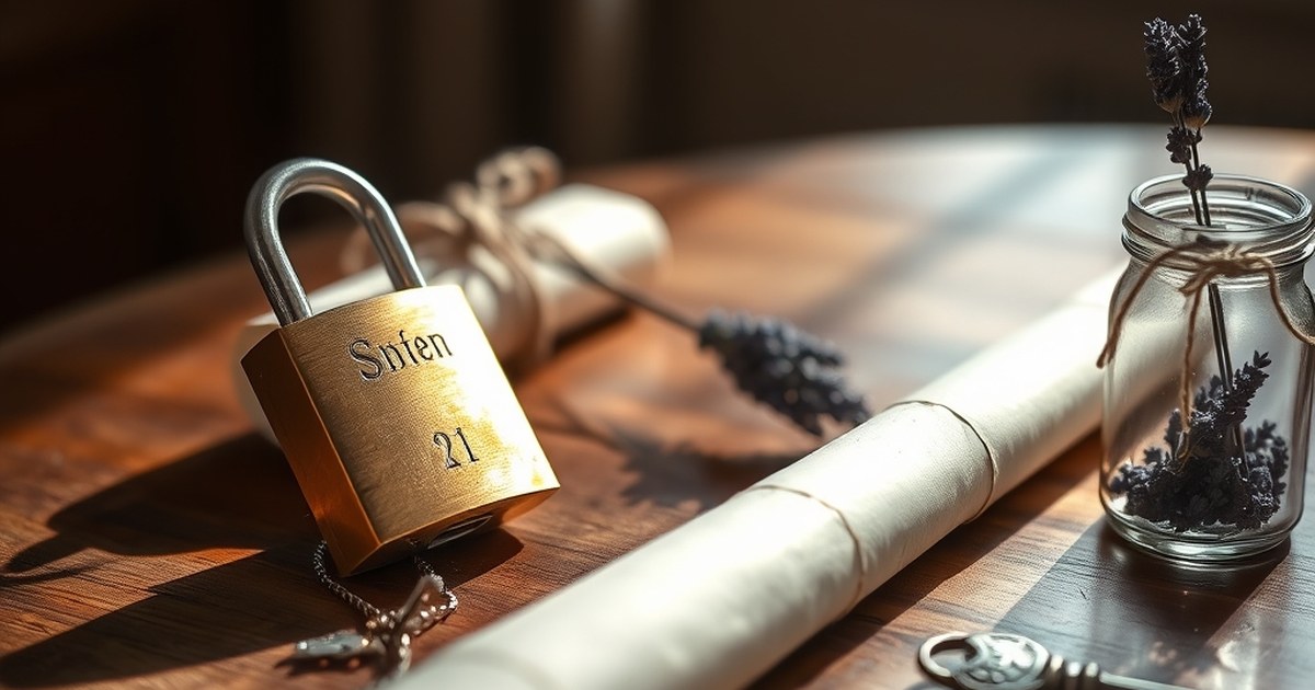 Brass padlock, rolled parchment, and key on a walnut table representing best practices for blog privacy policies