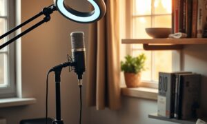 Home studio setup with microphone and books for building personal brand online