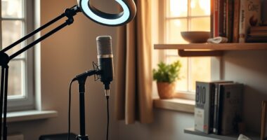 Home studio setup with microphone and books for building personal brand online