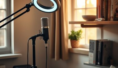 Home studio setup with microphone and books for building personal brand online
