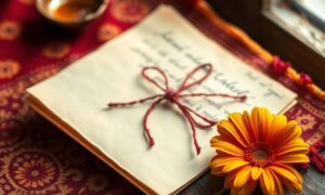 Handwritten letter and marigold on bandhani fabric evoking a Gujarati love story