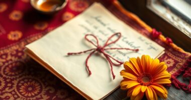 Handwritten letter and marigold on bandhani fabric evoking a Gujarati love story