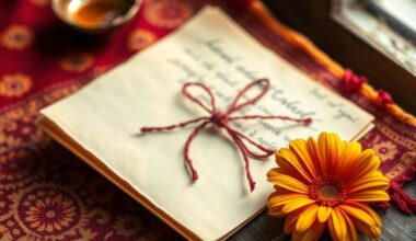 Handwritten letter and marigold on bandhani fabric evoking a Gujarati love story
