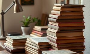 Gujarati poetry books on a wooden desk with a reading lamp