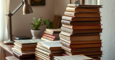 Gujarati poetry books on a wooden desk with a reading lamp