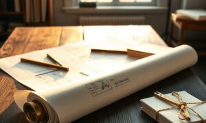 Drafting table with blueprints and tools illustrating how to write a business plan for a small business