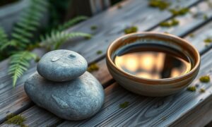 Balanced stone and still water bowl in a garden representing mindfulness for self-discipline and productivity