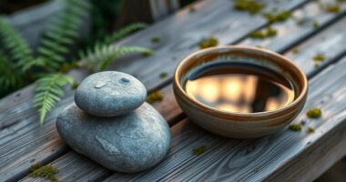 Balanced stone and still water bowl in a garden representing mindfulness for self-discipline and productivity
