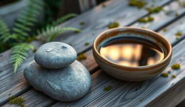 Balanced stone and still water bowl in a garden representing mindfulness for self-discipline and productivity