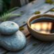 Balanced stone and still water bowl in a garden representing mindfulness for self-discipline and productivity