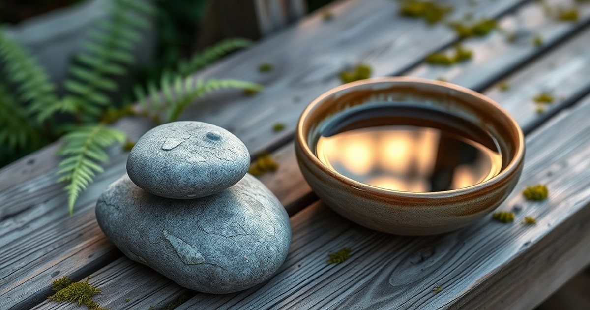 Balanced stone and still water bowl in a garden representing mindfulness for self-discipline and productivity