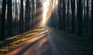 Forest trail at sunrise representing overcoming self doubt with mindset techniques