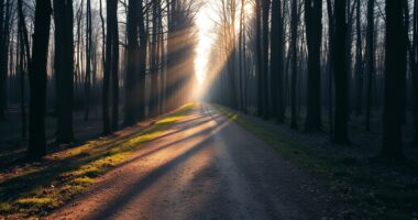 Forest trail at sunrise representing overcoming self doubt with mindset techniques