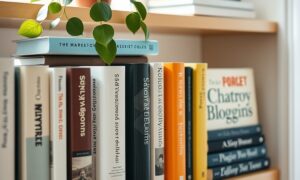 Bookshelf with marketing and blogging books representing monetizing a personal blog site