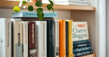 Bookshelf with marketing and blogging books representing monetizing a personal blog site