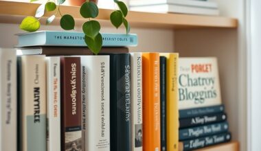 Bookshelf with marketing and blogging books representing monetizing a personal blog site