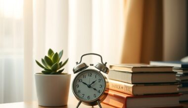 Alarm clock and books on a dresser representing morning self-discipline routine