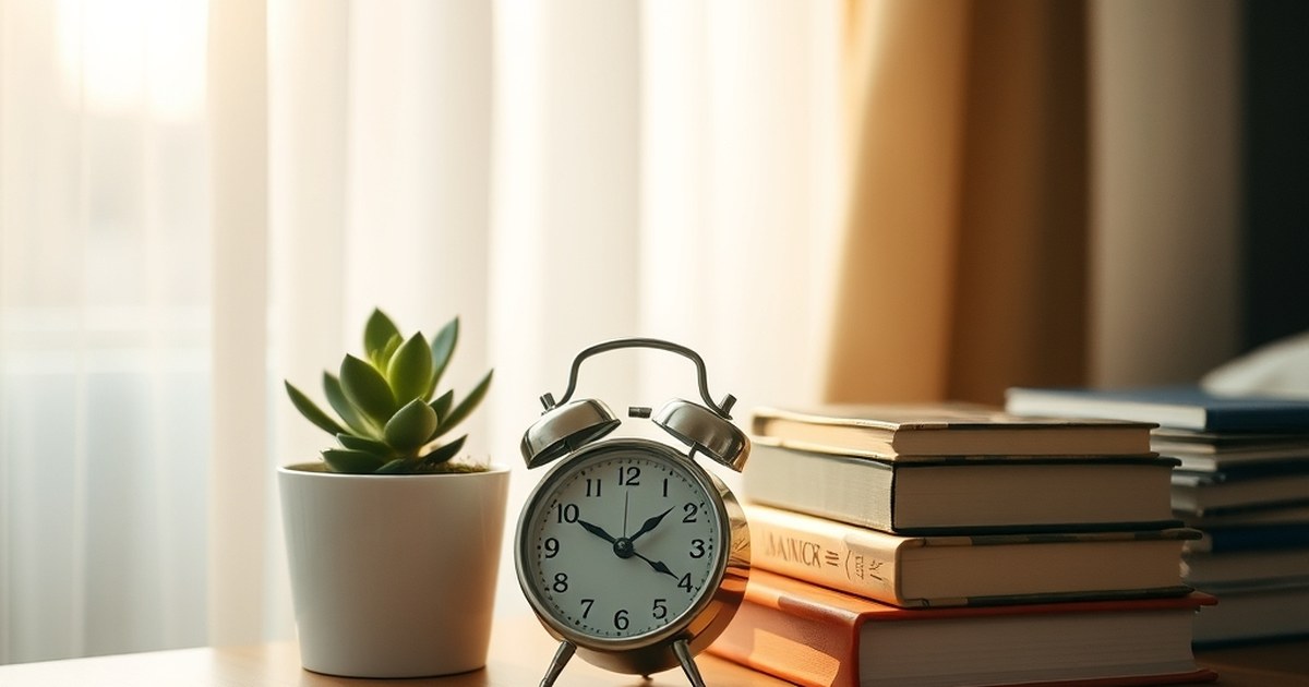 Alarm clock and books on a dresser representing morning self-discipline routine