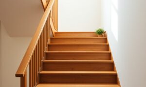 Wooden staircase with small potted plants on each step representing step by step progress