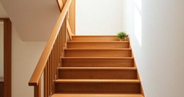 Wooden staircase with small potted plants on each step representing step by step progress
