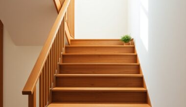 Wooden staircase with small potted plants on each step representing step by step progress