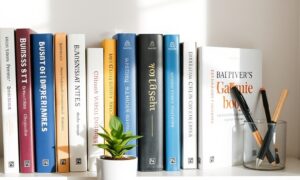Bookshelf with business books and writing tools for creating a successful blog