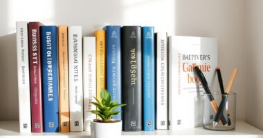 Bookshelf with business books and writing tools for creating a successful blog